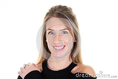 30 years blonde woman portrait laugh joy emotions against white background Stock Photo