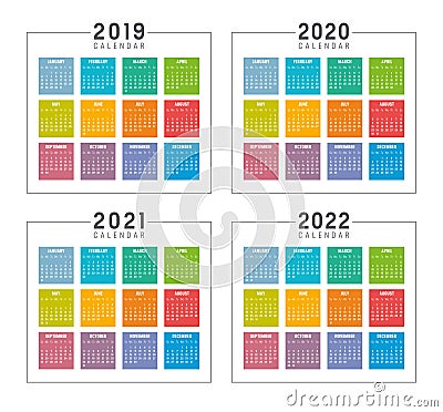 Years 2019 2020 2021 2022 colorful calendars Stock Photo