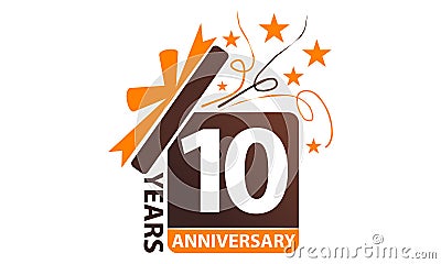 10 Years Gift Box Ribbon Anniversary Vector Illustration