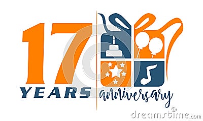 17 Years Gift Box Ribbon Anniversary Vector Illustration