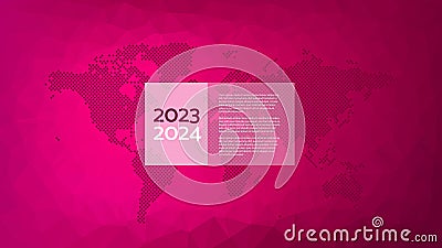 2023 2024 years infographic with World Map. Magenta gradient triangle pattern. Polygonal vector background for webdesign, landing Vector Illustration