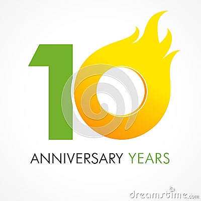 10 years old celebrating fiery logo. Vector Illustration