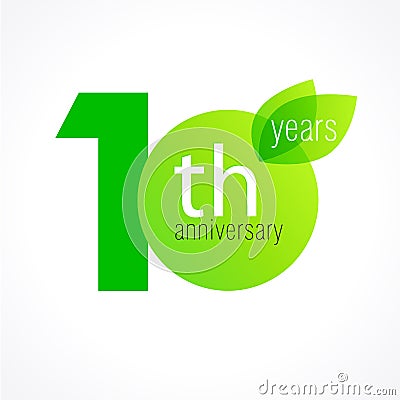 10 years old celebrating green leaves logo. Vector Illustration