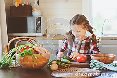 8 years old child girl help mom to cook vegetable salad at home Stock Photo