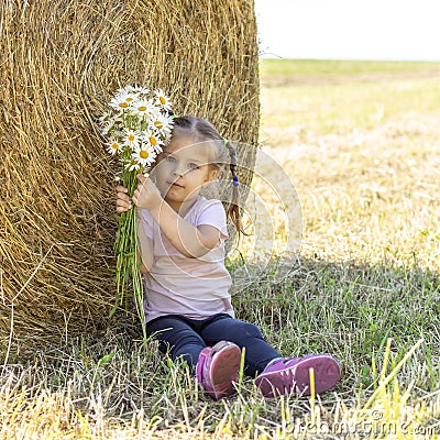3 years old little girl with a bouquet of daisies sits by a sheaf of straw on a sunny Stock Photo