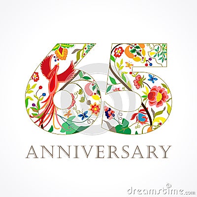 65 years old luxurious celebrating folk logo. Vector Illustration