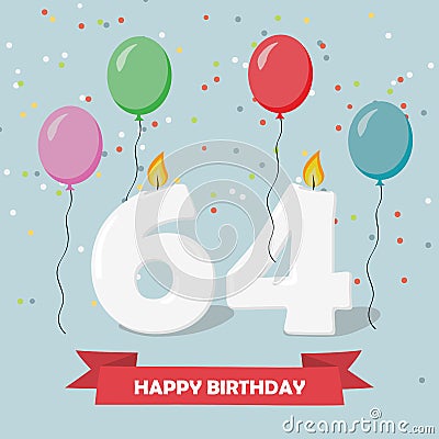 64 years selebration. Happy Birthday greeting card with candles, confetti and balloons Stock Photo