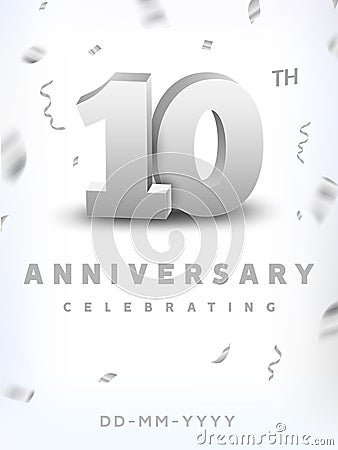 10 years silver number anniversary celebration event. Anniversary banner ceremony design for 10 age Vector Illustration