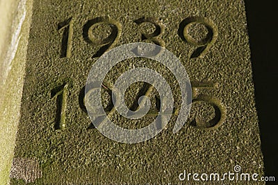 Years 1939 to 1945. The years of World War II carved in ston Stock Photo