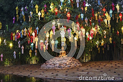 Yee-Peng lanterns on Bodhi tree in Temple Stock Photo