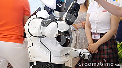 Yekaterinburg, Russia - July, 2019: High-tech robot at the exhibition. Media. Robotic of a human like droid robot making Editorial Stock Photo