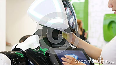 Yekaterinburg, Russia - July, 2019: High-tech robot at the exhibition. Media. Robotic of a human like droid robot making Editorial Stock Photo