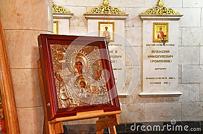 YEKATERINBURG, RUSSIA, November 25, 2018. Copy of the icon of the virgin `the Sign` Znamenie of Novgorod in the memorial Church Editorial Stock Photo