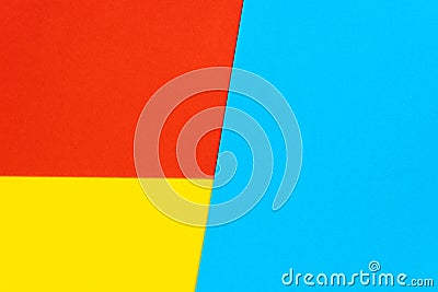 Yelllow blue red color paper background. Geometric figures, shapes. Abstract geometric flat composition. Empty space on Stock Photo