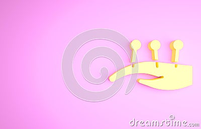 Yellow Acupuncture therapy on the hand icon isolated on pink background. Chinese medicine. Holistic pain management Cartoon Illustration