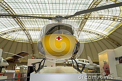 Yellow, air ambulance exposed in Technisches Museum, Vienna, Austria Editorial Stock Photo