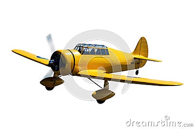 yellow airplane plane in flight. vintage, retro, single engine prop aircraft from the WWII era. Transparent background. Stock Photo