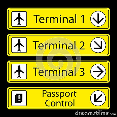 Yellow Airport Signs with monochromatic pictograms Vector Illustration