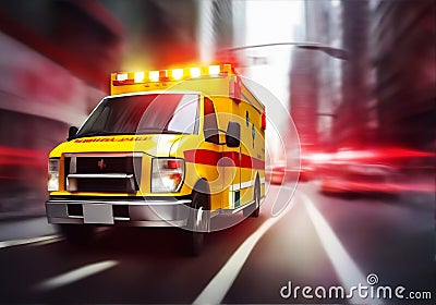A yellow ambulance with blue lights going at high speed on the street Stock Photo
