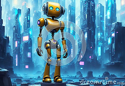 yellow android robot and cyber megacity buldings generative AI illustration Cartoon Illustration