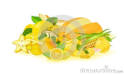 Yellow apple, melon, carambola, maize, lemon, bell pepper, pear, myrobalan, pomelo, durian. Vector Illustration