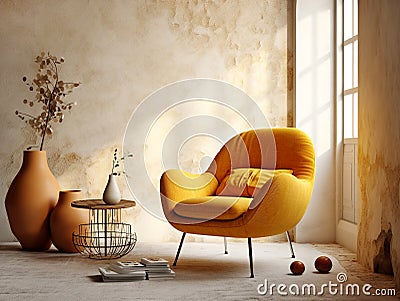 Yellow armchair in room with old dilapidated walls. Interior design of aged living room. Created with generative AI Stock Photo