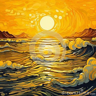 Yellow Art Deco Seascape Abstract Painting Stock Photo