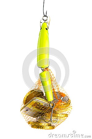 Yellow artificial fish with an orange net containing chocolate coins and paper money. Phising, fishing for money, stealing money Stock Photo