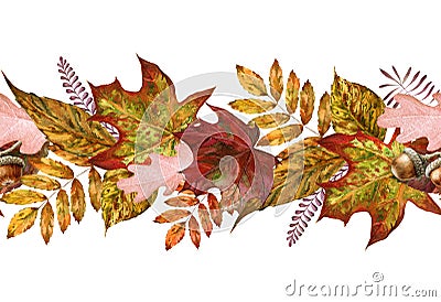 Yellow autumn leaf seamless border. Watercolor illustration. Red, orange fallen leaves endless ornament. Bright fall Cartoon Illustration