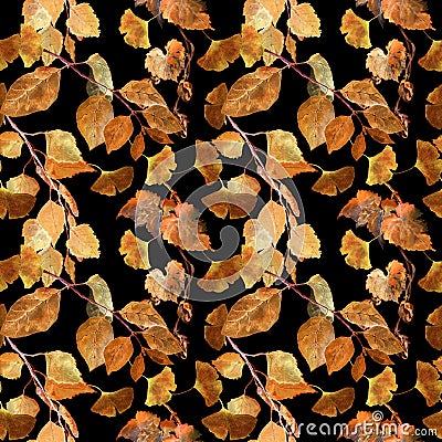 Yellow autumn leaves, black background. Seamless contrast autumn pattern. Watercolor Stock Photo