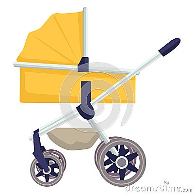 Yellow baby stroller with a canopy and large wheels. Modern pram design, childcare and transportation vector Vector Illustration