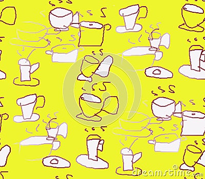 On a yellow background painted brown cups and pots Stock Photo