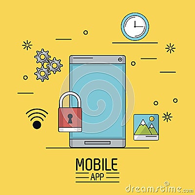 Yellow background poster of mobile app with smartphone and common icons around Vector Illustration