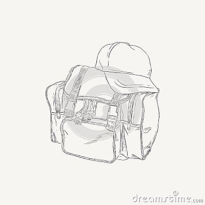 Yellow bag and white cap of camping backpack set , sketch vector Vector Illustration