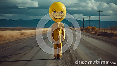 Eerie Encounter: Sad Clown Head Meets Smiling Masked Figure On A Desolate Road Stock Photo