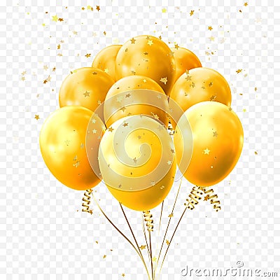 Yellow balloons golden stars confetti vector birthday party festival icon Vector Illustration