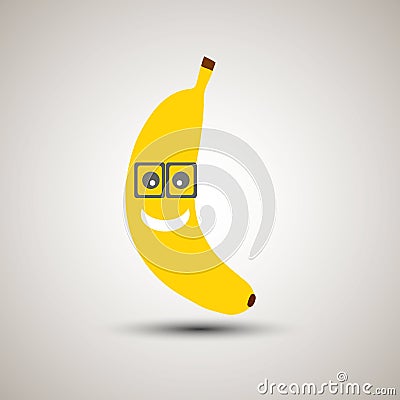 Yellow banana emoji in eyeglasses. Emoticon for apps. Yellow ban Vector Illustration