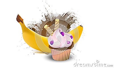 Yellow banana realistic fruits with cupcake. Vector illustration Vector Illustration