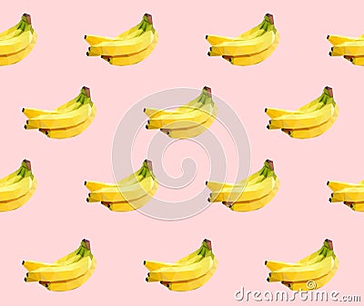 Yellow bananas seamless pattern. Low poly illustration on pink background Cartoon Illustration