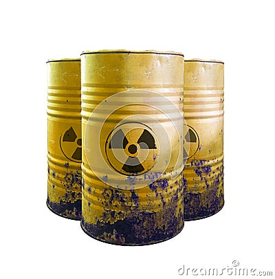 Yellow barrel of toxic waste isolated. Acid in barrels. Beware o Stock Photo