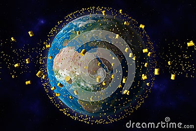 Yellow barrels of nuclear waste orbit the earth Stock Photo