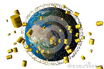 Yellow barrels of nuclear waste orbit the earth Stock Photo