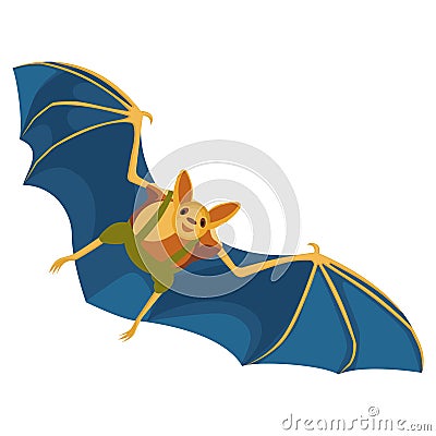 Yellow bat with blue wings hand drawn on white background Vector Illustration