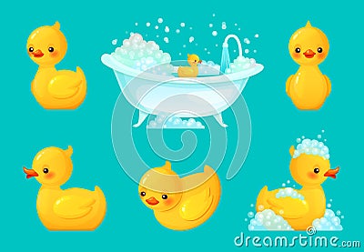 Yellow bath duck. Bathroom tub with foam, relaxing bathing and spa rubber ducks cartoon vector illustration Vector Illustration
