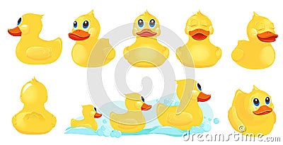 Yellow bath duck. Rubber water toys for kids shower room games with duck vector cute characters Vector Illustration