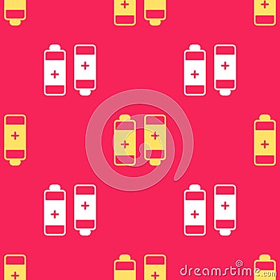 Yellow Battery icon isolated seamless pattern on red background. Lightning bolt symbol. Vector Vector Illustration