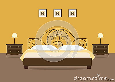 Yellow bedroom with a brown bed and bedside tables Vector Illustration