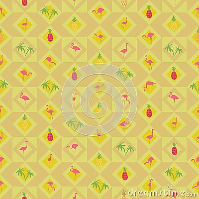 Yellow beige background flamingo pineapple palm tree Vector Illustration