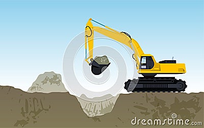 Yellow big digger builds roads gigging of hole Vector Illustration