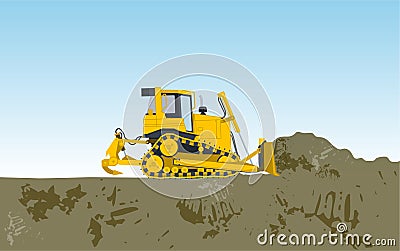 Yellow big digger builds roads gigging of hole Vector Illustration